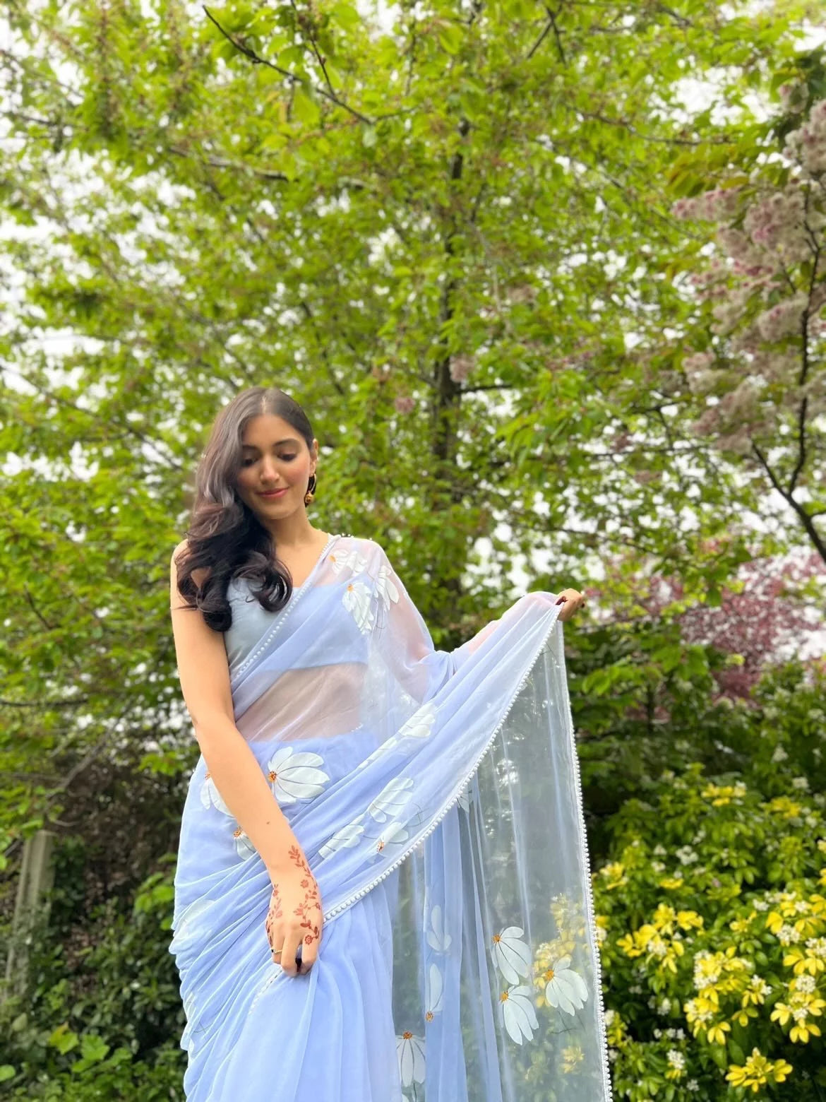 HALF-DAISIES CHIFFON SAREE WITH PEARL BORDER