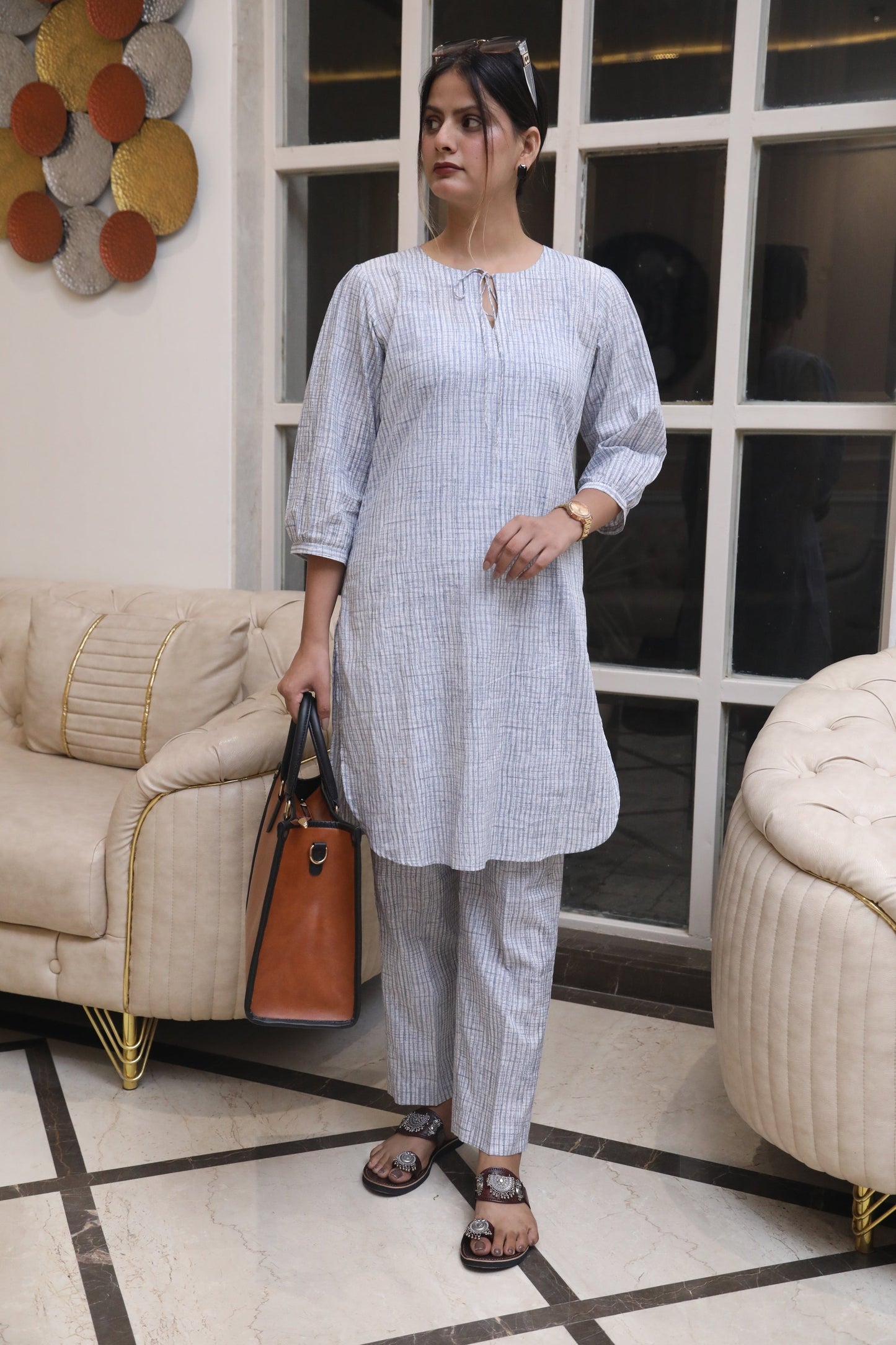 STRIPED LINEN KURTA WITH PARALLEL PAJAMA SET