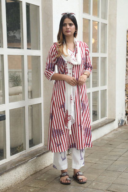 BLUE STRIPES AND PALM HANDBLOCKPRINTED LINEN SET OF 3