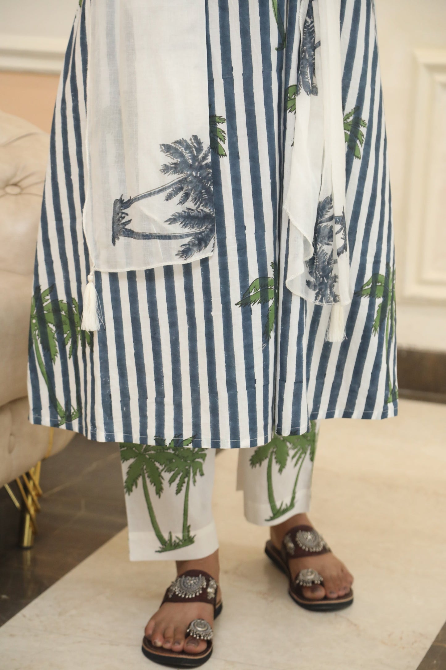 BLUE STRIPES AND PALM HANDBLOCKPRINTED LINEN SET OF 3