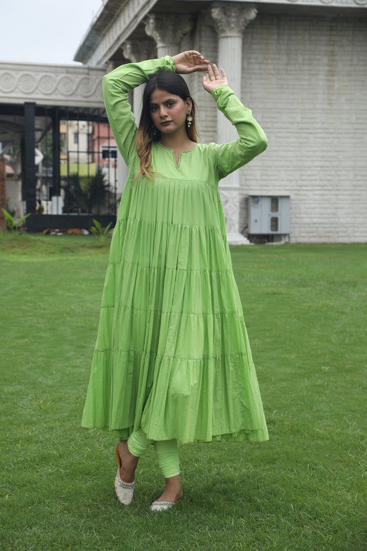 SOLID MINT GREEN TIER ANARKALI SET