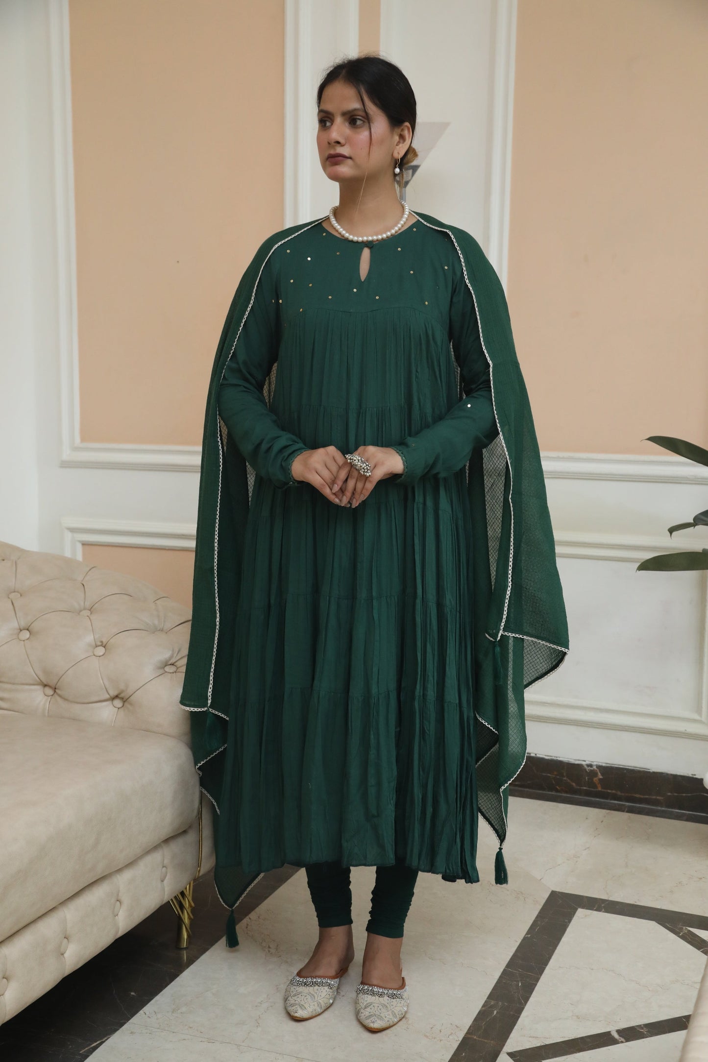 SOLID GREEN TIER ANARKALI SET