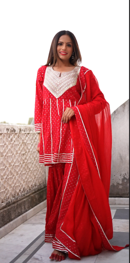 RANGREZA RED SHORT KURTA WITH SHARARA - SET OF 3