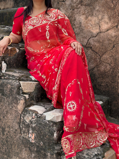 RED VINTAGE HEAVY JAAL SAREE