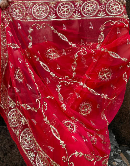 RED VINTAGE HEAVY JAAL SAREE