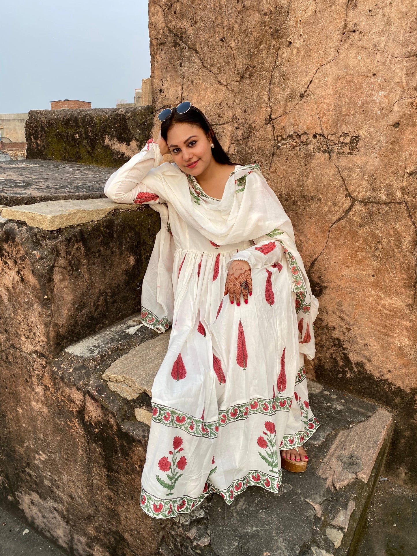 KASHIDA RED LEAF WITH BUTA ANARKALI SET