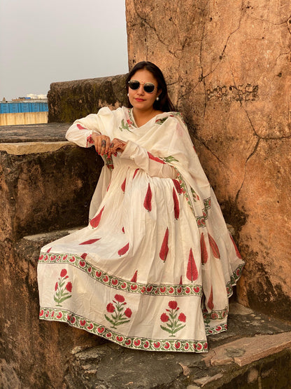 KASHIDA RED LEAF WITH BUTA ANARKALI SET