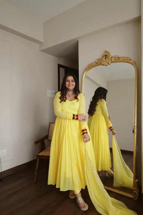 YELLOW MULMUL ANARKALI